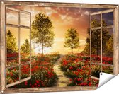 Gards Tuinposter Doorkijk Mooi Landschap met Rode Bloemen en Zonsondergang - 120x80 cm - Tuindoek - Tuindecoratie - Wanddecoratie buiten - Tuinschilderij