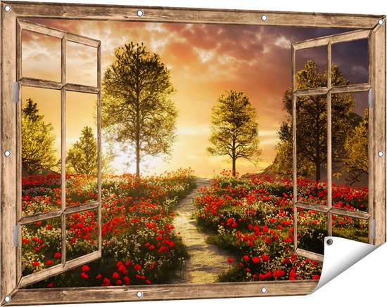Gards Tuinposter Doorkijk Mooi Landschap met Rode Bloemen en Zonsondergang - 120x80 cm - Tuindoek - Tuindecoratie - Wanddecoratie buiten - Tuinschilderij