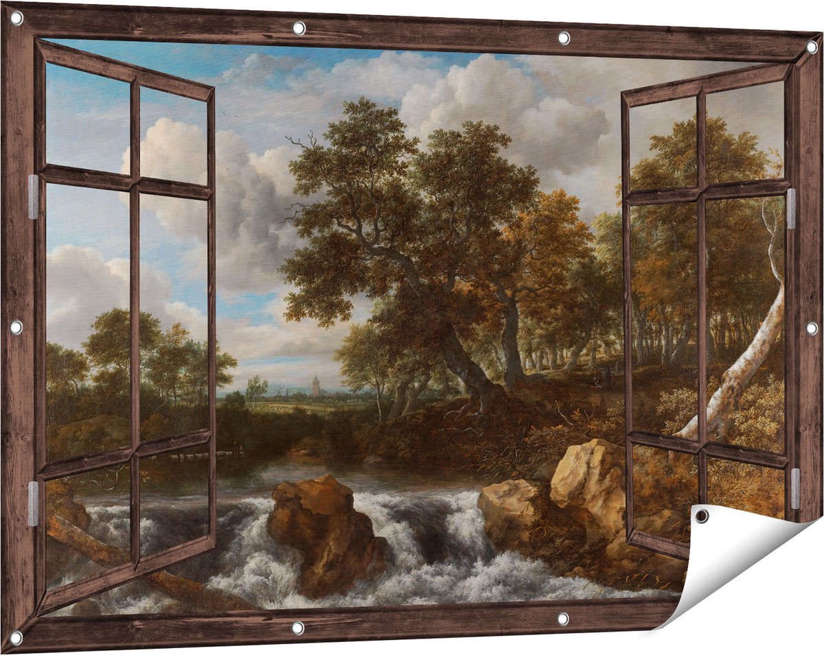 Gards Tuinposter Doorkijk Landschap met Waterval - Jacob van Ruisdael - 120x80 cm - Tuindoek - Tuindecoratie - Wanddecoratie buiten - Tuinschilderij donker bruin