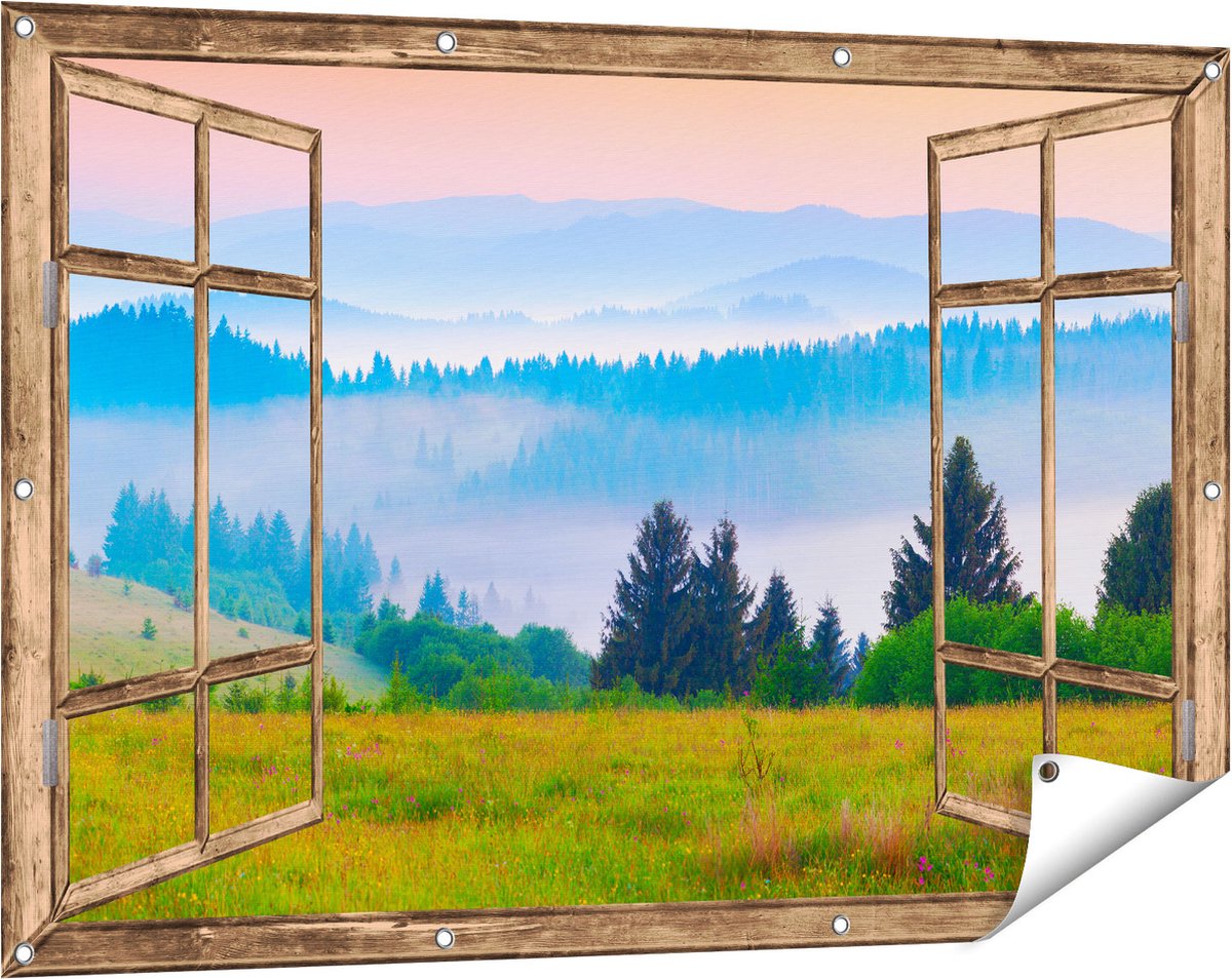 Gards Tuinposter Doorkijk Mistige Heuvel Landschap met Bossen - 120x80 cm - Tuindoek - Tuindecoratie - Wanddecoratie buiten - Tuinschilderij licht bruin