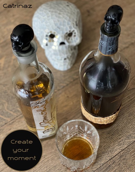 Catrinaz® - Wijnstopper - Premium flessenstop met skull in zwarte obsidiaan natuursteen - Luxe gift box - Uniek geschenk - Inclusief E-BOOK Tequila, Mezcal - Catrinaz
