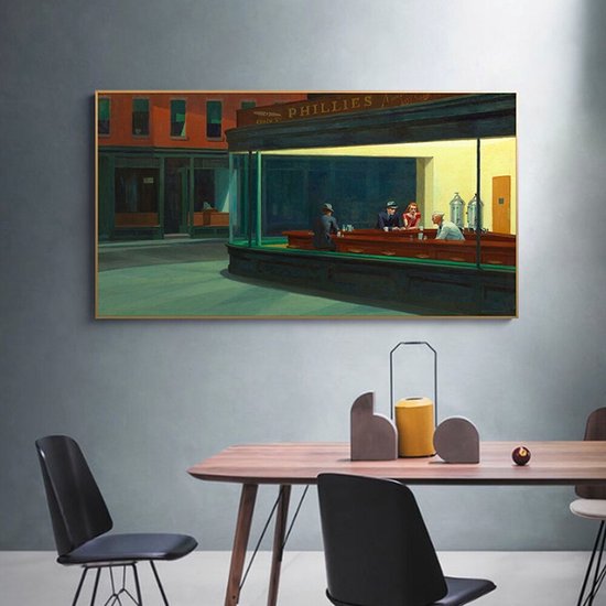 Allernieuwste.nl® Canvas Schilderij Edward Hopper - Nighthawks - Kunst - Poster - Reproductie - 60 x 120 cm - Kleur