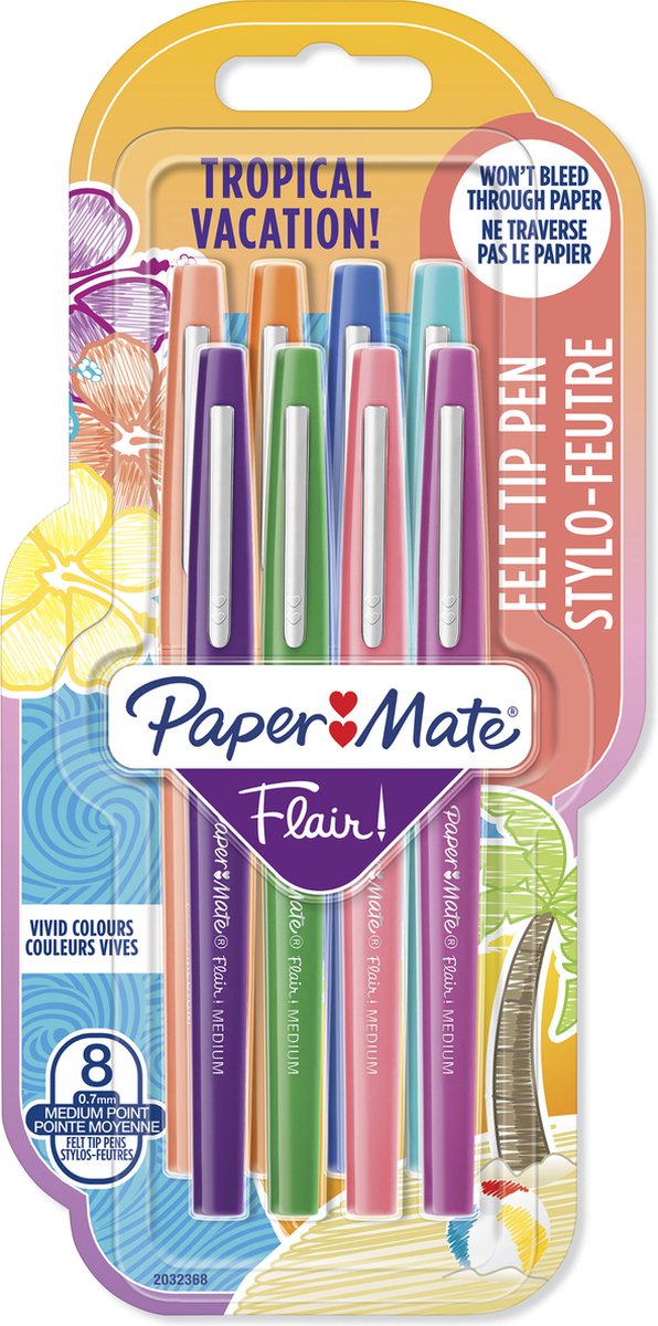 Paper Mate Flair-viltstiften | Medium punt (0,7 mm) | Diverse tropische-vakantiekleuren | 8 stuks