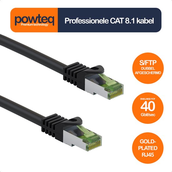 Powteq - 2 mètres - Câble internet professionnel Cat 8.1 - Zwart - S/FTP (double blindage) - Câble réseau Gold Or