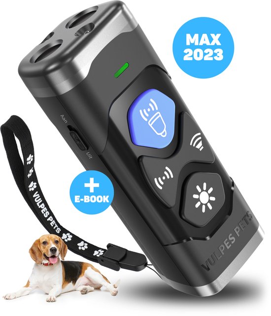 Vulpes Goods® Ultrasone Anti Blaf Apparaat – 4-in-1 Anti Blaf Apparaat Max - Diervriendelijk & Zonder Schok - alternatief Anti Blafband - voor Kleine & Grote Honden - Audio - Flashlight - Zaklamp - USB-Oplaadbaar