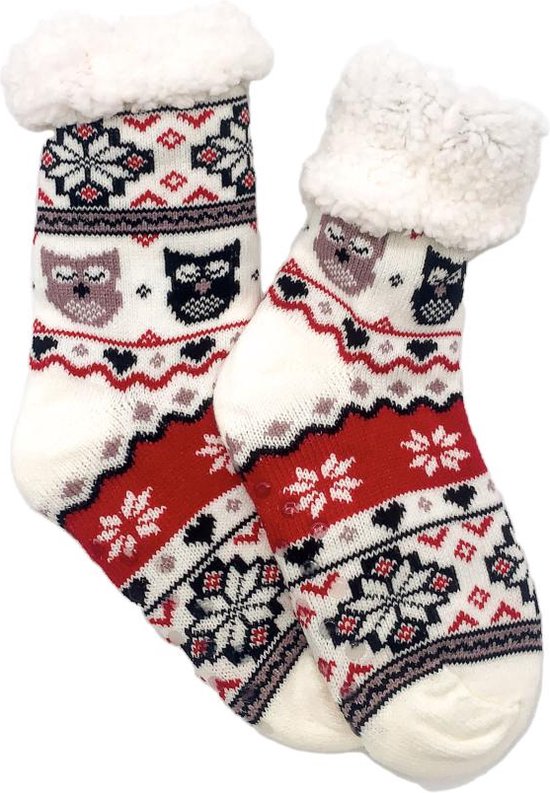 Merino Wollen sokken - Wit met Rood en Uiltjes - maat 39/42 - Huissokken - Antislip sokken - Warme sokken – Winter sokken