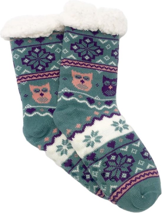Merino schapen Wollen sokken - Groen met Uiltjes - maat 39/42 - Huissokken - Antislip sokken - Warme sokken – Winter sokken