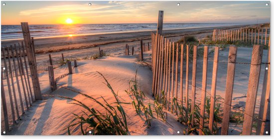 Foto: Tuinposter strand duin zonsondergang zee natuur landschap tuindoek 200x100 cm tuindecoratie schuttingdoek schutting decoratie tuin tuinschilderij voor buiten buitenposter