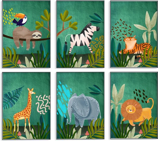 No Filter - Kinderkamer Safari posters - 6 stuks - 30x40 cm / A3 formaat - Dieren posters - Babykamer decoratie posters