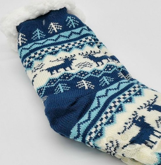 Merino schapen Wollen sokken - Blauw met Dennenboom - maat 39/42 - Huissokken - Antislip sokken - Warme sokken – Winter sokken