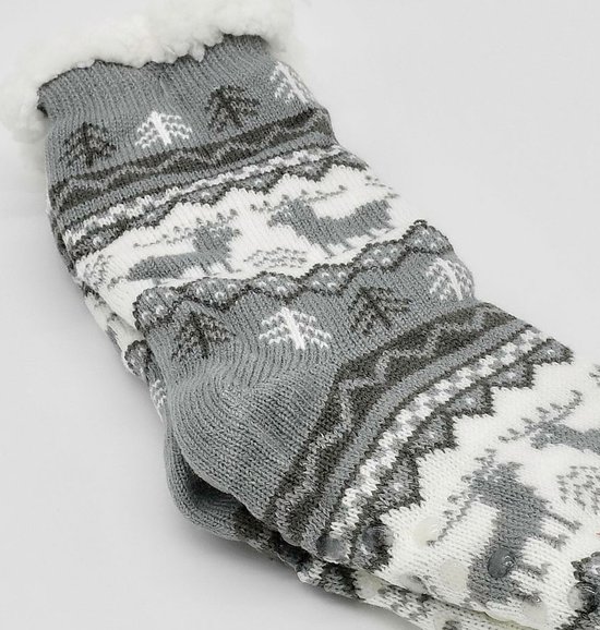 Merino Wollen Sokken - Licht Grijs met Dennenbomen - Maat 39/42 - Huissokken - Anti slip sokken - Warme sokken - Winter sokken