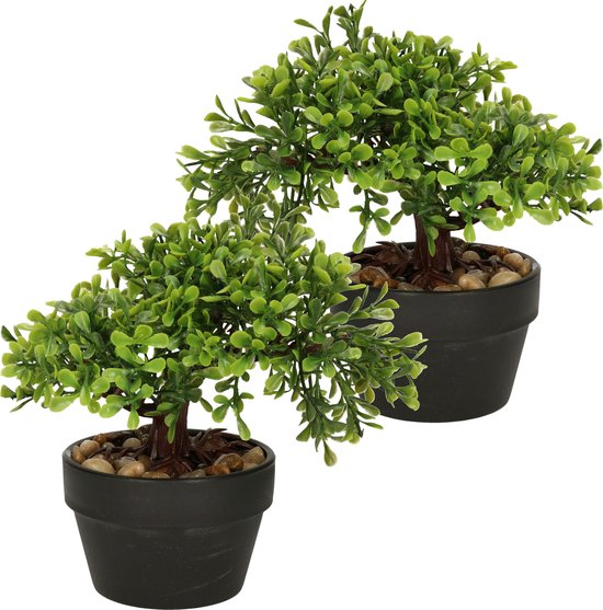 H&S Collection Kunstplant Bonsai boompje in pot - 2x - Type Olive - Japans decoratie - 19 x 13 x 15 cm