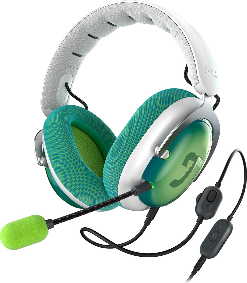 Teufel ZOLA | Bekabelde over-ear headset met microfoon voor games, muziek en home-office, 7.1 binaurale surround sound - lichtgrijs/groen