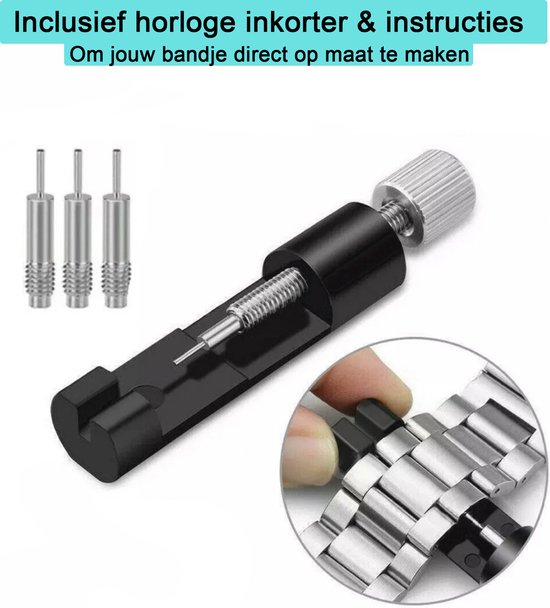Horloge-inkorter tool met extra pinnen, en een inset van een hand die een schakel aanpast.
