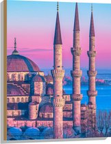 Hout - Sultan Ahmetmoskee in Istanbul met Roze Blauwe Lucht - 60x80 cm - 9 mm dik - Foto op Hout (Met Ophangsysteem)