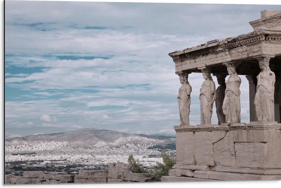 Dibond - Tempel Parthenon en Uitzicht op Berglandschap - 75x50 cm Foto op Aluminium (Met Ophangsysteem)