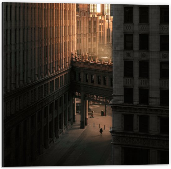Dibond - Twee overlopende Gebouwen in een donkere Stad - 50x50 cm Foto op Aluminium (Met Ophangsysteem)