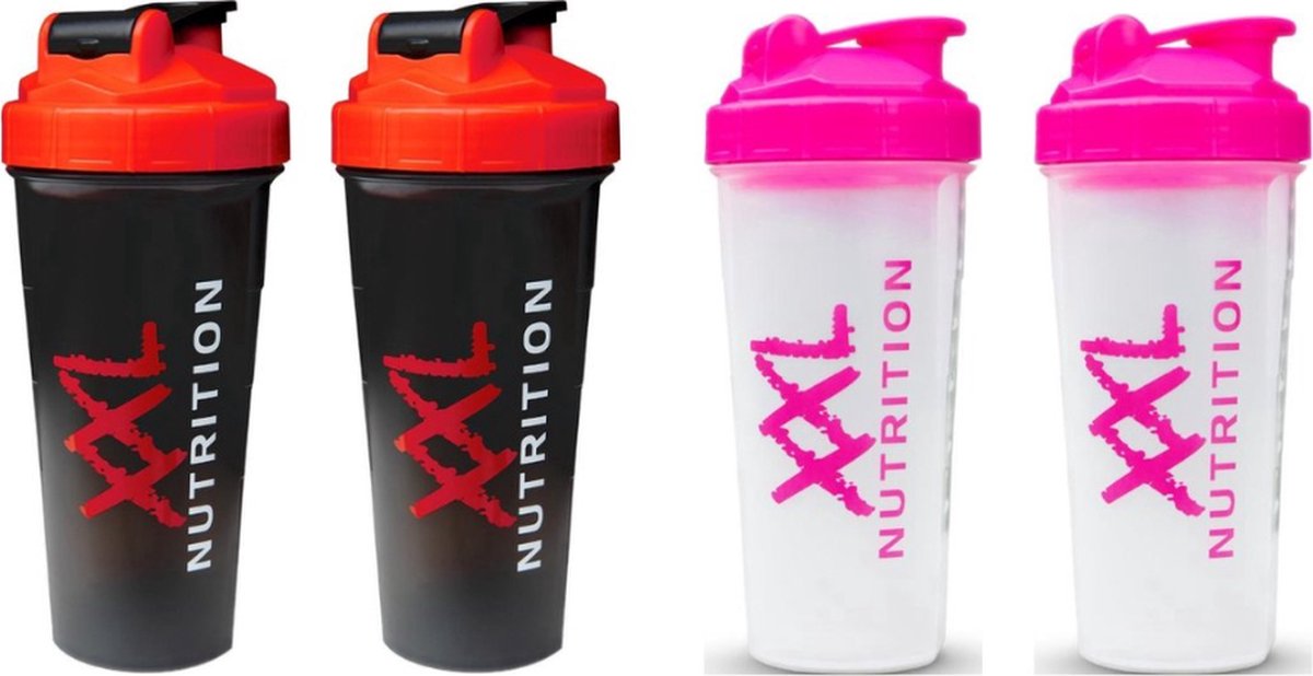Goedkoopste XXL Nutrition Shaker - Combi Deal 4 Stuks Shake Bekers - Zwart en Roze 800ml