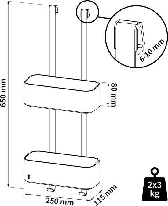 Dessin technique de l'organisateur de douche noir Tiger 2-Store avec dimensions.