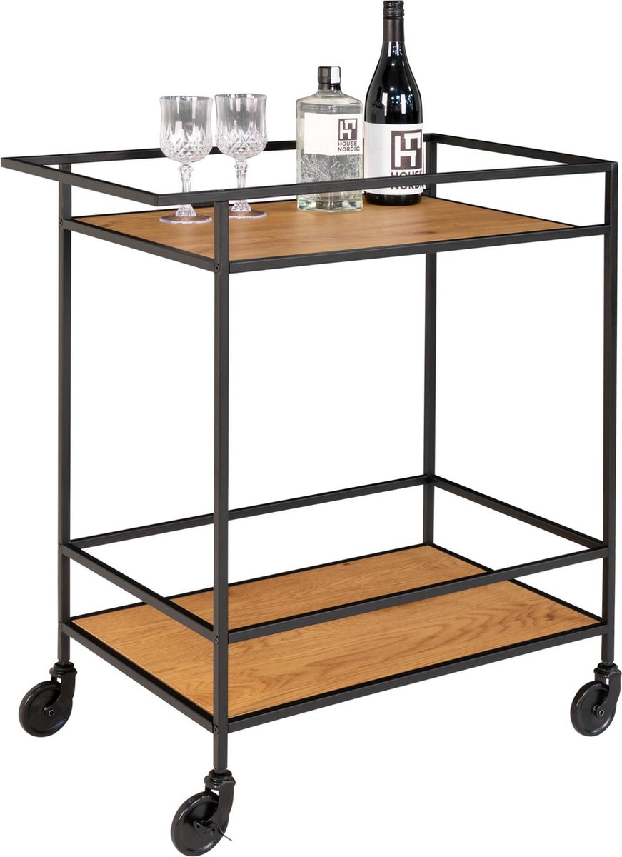 Vita Barwagen Op Wielen Met 2 Schappen, Zwart, Eikenhouten Decor.