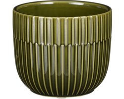 Mica Decorations - Plantenpot/bloempot - keramiek - groen - stripes patroon - D11 x H9 cm