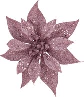 1x stuks decoratie bloemen kerststerren roze glitter op clip 18 cm - Decoratiebloemen/kerstboomversiering/kerstversiering