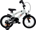 Witte 2Cycle kinderfiets met zwarte details, stabilo-wielen en "BMX FUN"-opdruk.