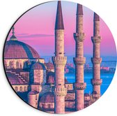 Dibond Muurcirkel - Sultan Ahmetmoskee in Istanbul met Roze Blauwe Lucht - 20x20 cm Foto op Aluminium Muurcirkel (met ophangsysteem)