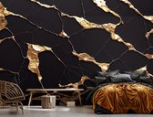 Fotobehang - Vliesbehang - Marmer - Zwart - Goud - Patroon - 254 x 184 cm