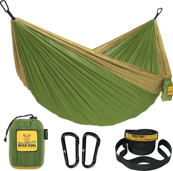 Outfitters Hangmat - Outdoor hangmat voor 2 personen - Ultralichte reishangmat - Belastbaar tot 226 kg - Camping Accessoires - Incl. ophanging en karabijnhaak (groen en kaki)