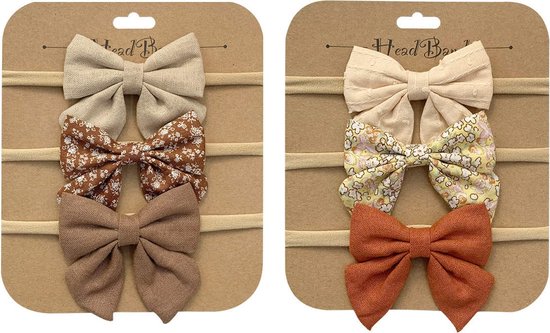 6 stuks - Baby & Meisjes Haarbandjes Strik (0-5 jaar) - Bruin Gebloemd Beige