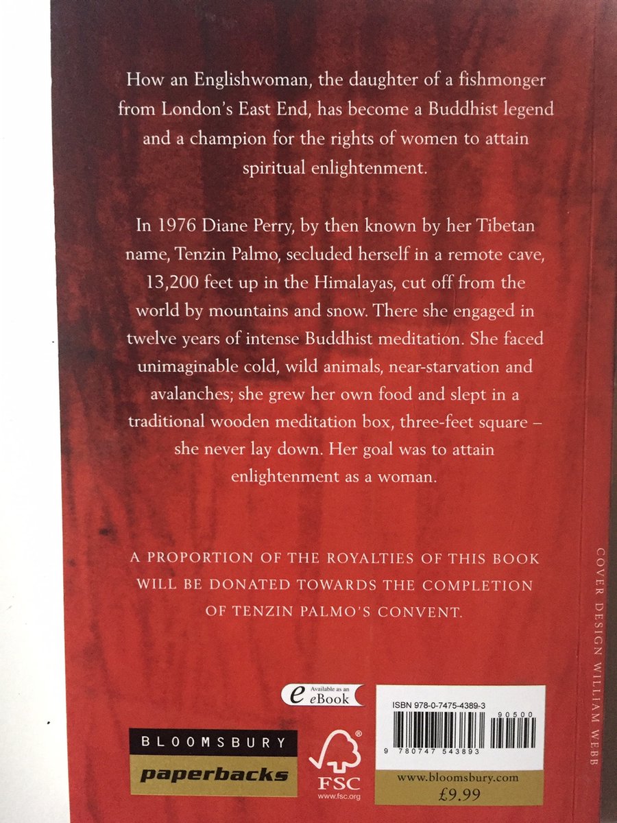 Achterkant van het boek 'Cave In The Snow' met beschrijving, ISBN en Bloomsbury logo. De prijs is £9.99.