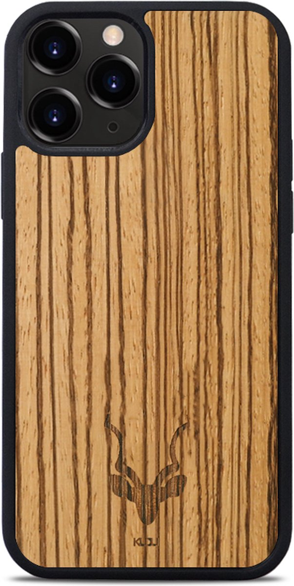 Kudu iPhone 14 Pro Max hoesje case - Houten backcover - Handgemaakt en afgewerkt met duurzaam TPU - Zebrano - Zwart