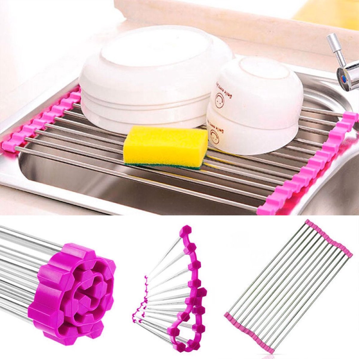 Goedkoopste Opvouwbare Afdruiprek Voor Gootsteen - Fuchsia - Antislip