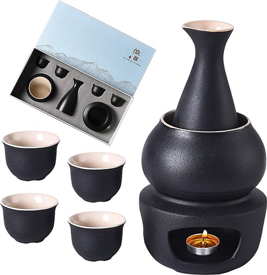 Foto: Set van 7 sake cups traditionele keramische japanse stijl sake storage geschenkdoos inclusief 4 wijnglazen verwarmingstafel vlamman warme pot bowl zwart 