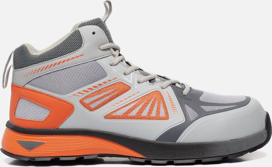 Grijze en oranje werkschoen met vetersluiting, mesh details en oranje zool.