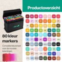 Overzicht van 80 Vivid Green kleur markers in een open zwarte tas, met kleurstalen.