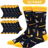 10x Grappige Bouwvakker sokken - Set met 10 paar beroeps sokken - Heren/Dames maat 39-44 - Met gereedschap, zaag, meetlint, waterpas etc. Leuk voor de klusser en doehetzelver