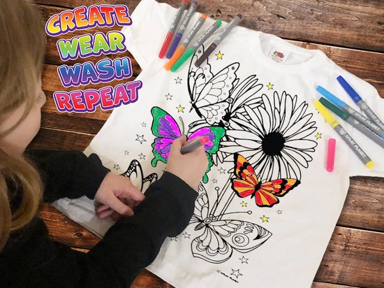 Splat T- shirt - Kleur telkens opnieuw je mooie T shirt - Vlinders - vlindertuin - 9-11 jaar