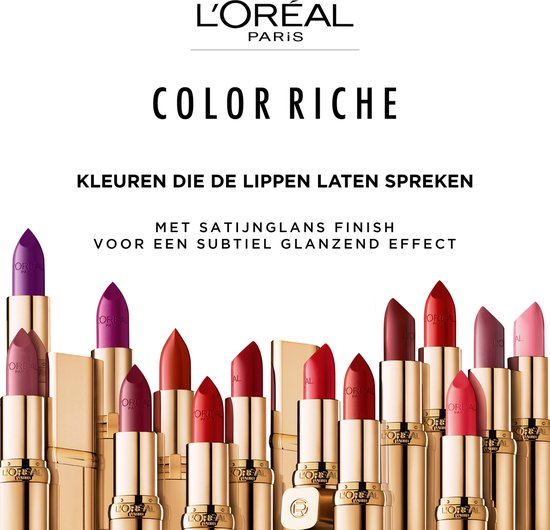 Een rij van L'Oréal Color Riche lipsticks in diverse paarse, rode en roze tinten met gouden verpakking en satijnglans.