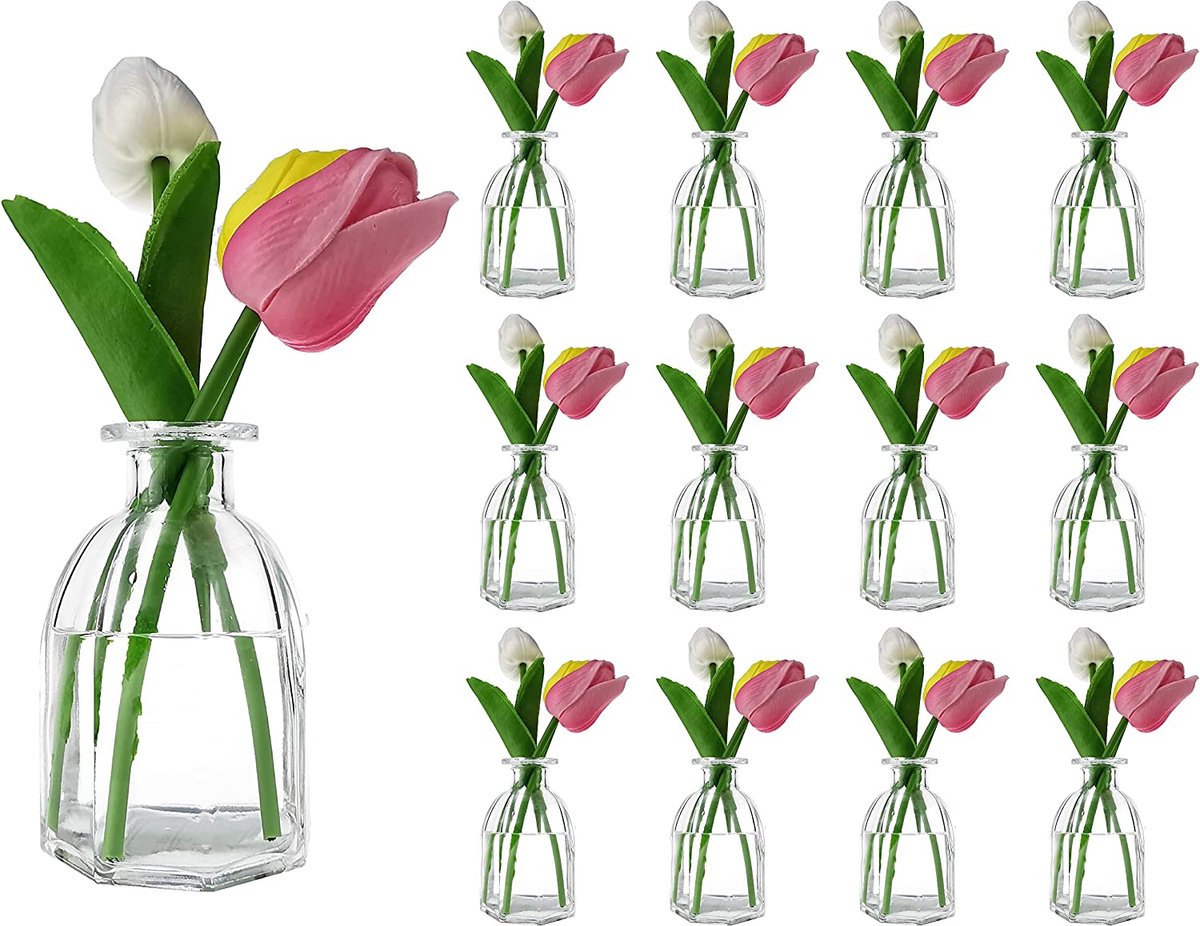 Casavetro - 12 x kleine vaasglazen flessen C-deco-KONKI- brede hals inclusief strik glazen flesjes Landhuis Vintage vaas fles glas helder mini decoflessen