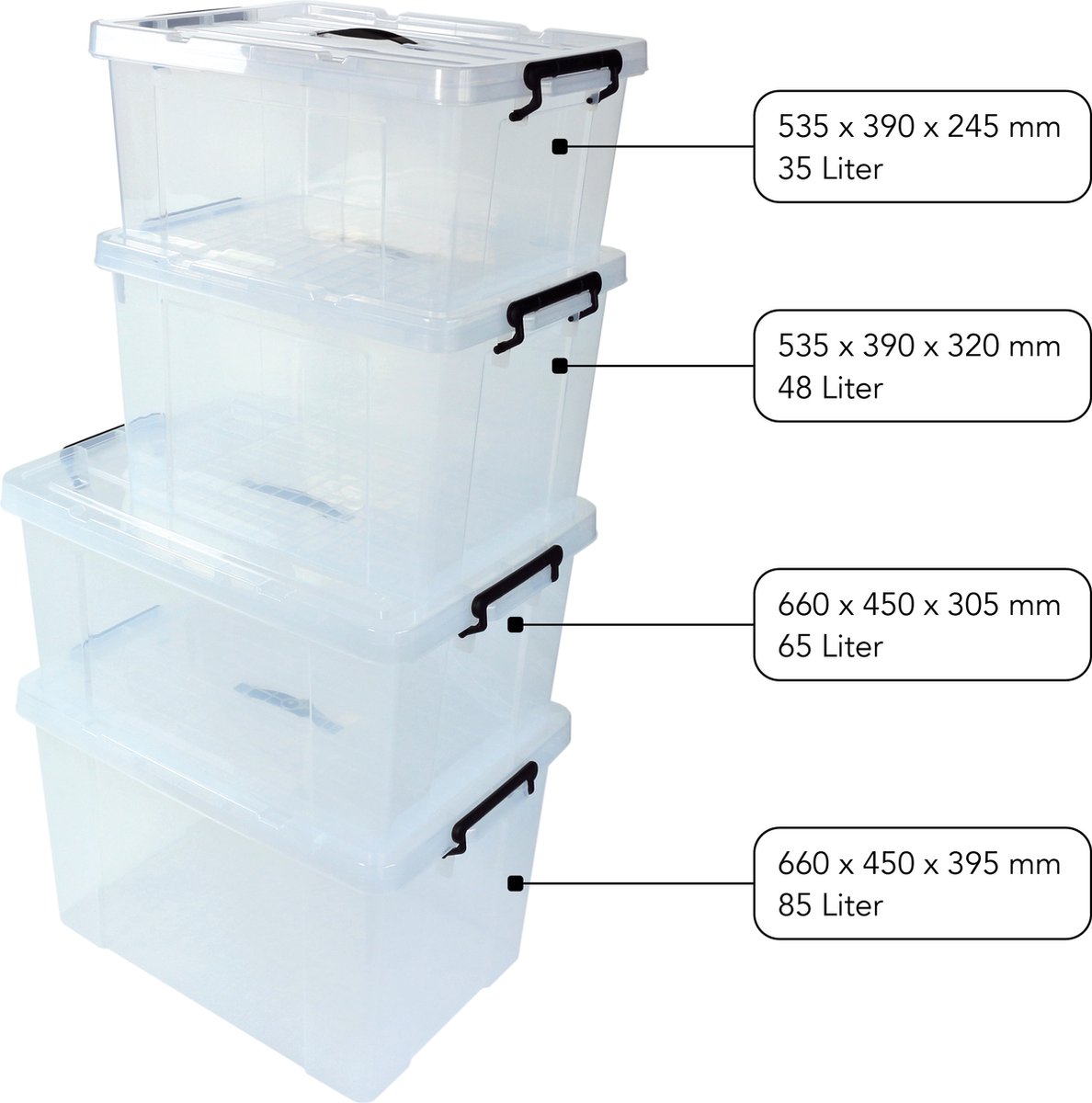 Set van 4 opbergboxen - Transparant - Kunststof - 35, 48, 65 en 85 ...
