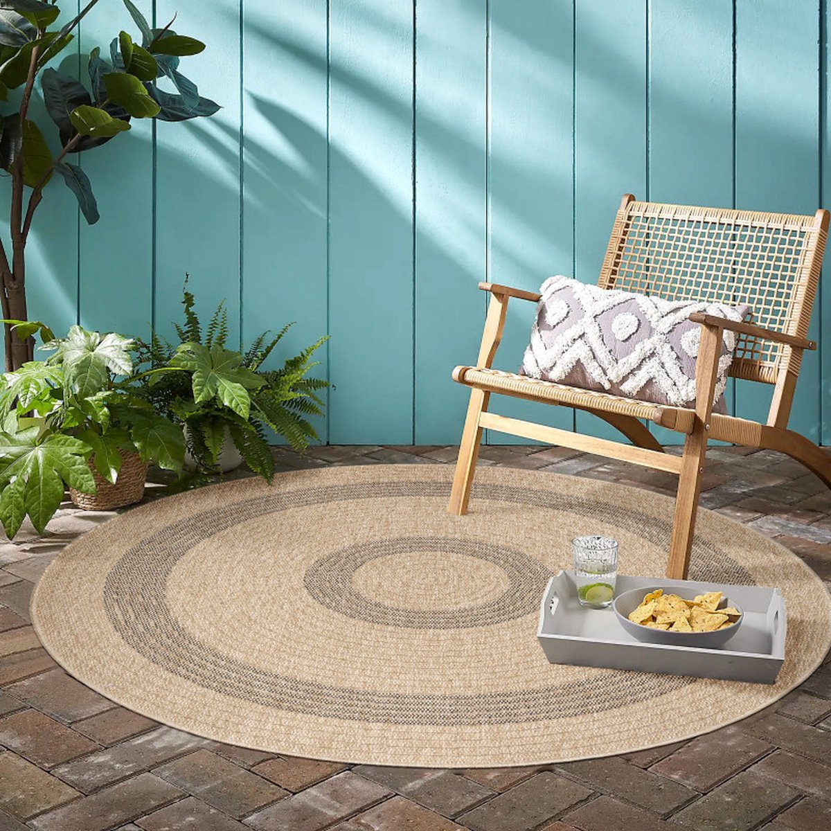 Flycarpets Summit Rond Jute Look Buitenkleed - Beige / Zwart - Buiten Vloerkleed - Laagpolig Tuintapijt / Buitentapijt - 200 cm