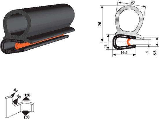 Foto: Vrr u profiel klemprofiel rubber randbescherming 2 4 mm met kraal 021 per 5 10 of 50 meter