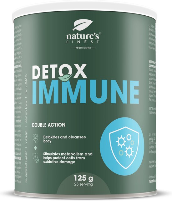Nature's Finest Detox Immune voedingssupplement in een groene en witte blik met de tekst 'DETOX IMMUNE'. 125 gram.