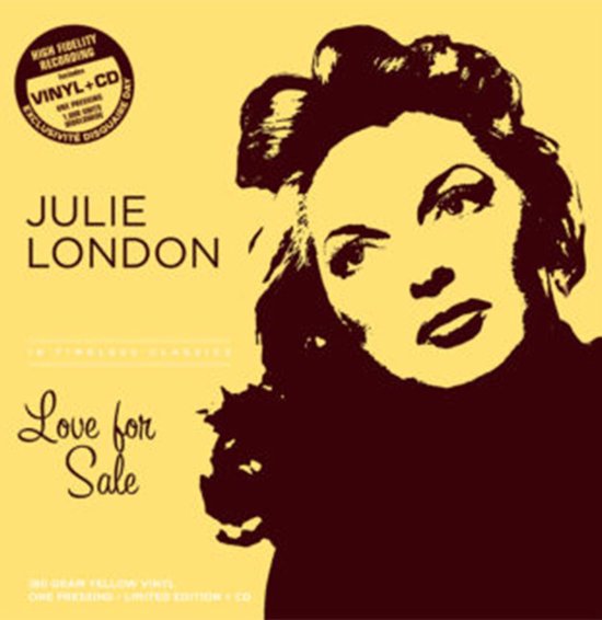 Julie London met de tekst "Love for Sale" op een gele achtergrond. "High Fidelity Recording Vinyl+CD Exclusivite Disquaire".