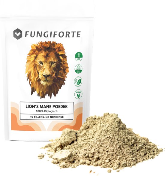 Verpakking van FungiForte Lion's Mane Poeder met een leeuwenkop logo en een hoopje poeder.