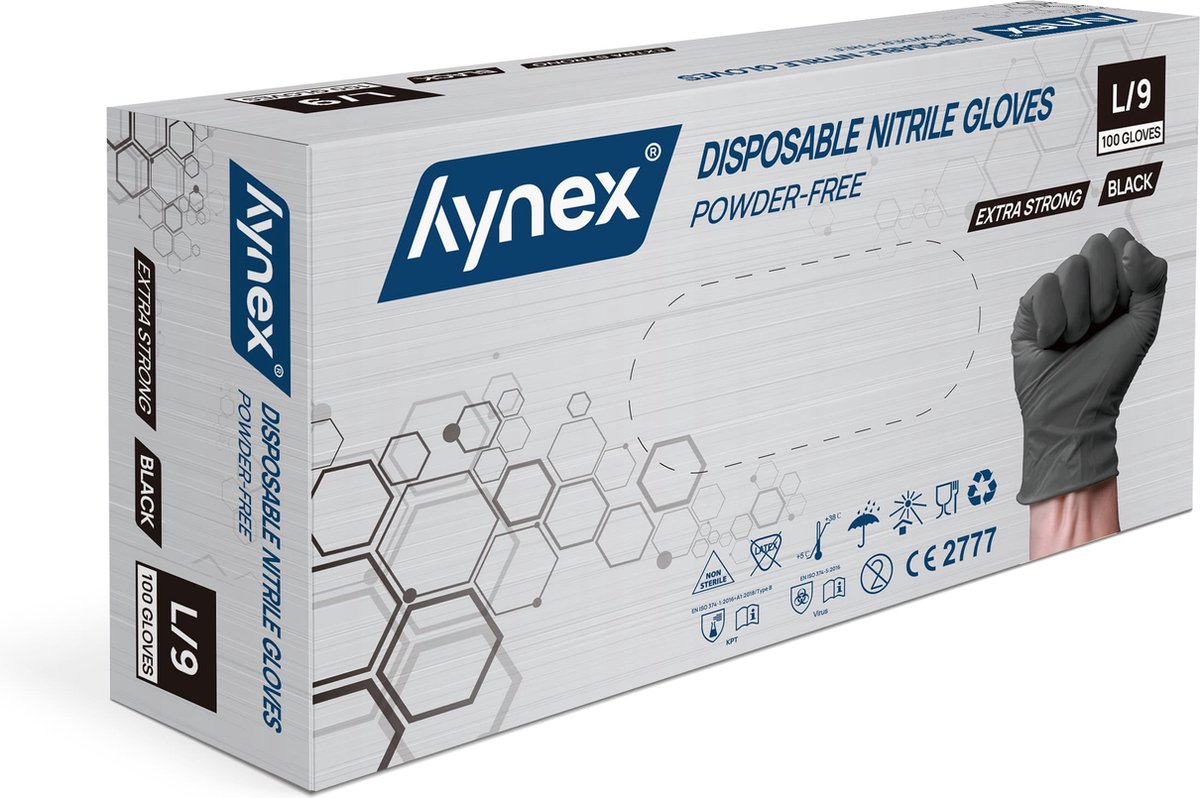 Goedkoopste Hynex Nitril handschoenen maat L zwart 100/doos extra sterk 5gram poedervrij