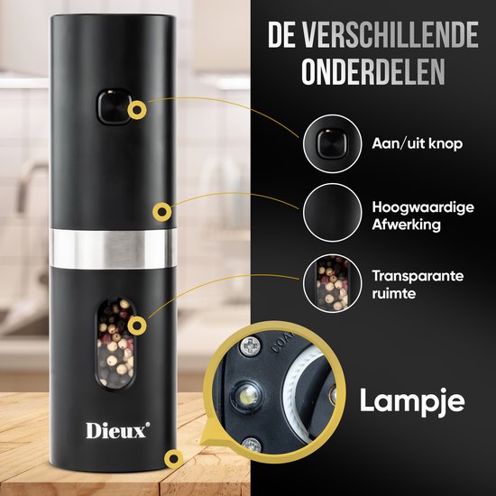 Dieux - Ensemble moulin à poivre et sel - Electrique - Moulin à poivre - Moulin à sel - 2 pièces - Degré de mouture réglable - Rechargeable - Barbecue - Accessoires BBQ - Qualité Luxe - Cadeau fête des mères