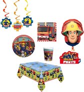 Brandweerman Sam - Feestpakket - Feestartikelen - Kinderfeest - 8 Kinderen - Tafelkleed - Bekers - Servetten - Bordjes - Uitnodigingen - Helium ballon - Plafond swirls.